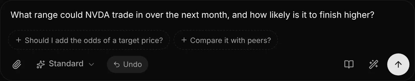 The chat composer: the rough question “will nvda go up next month”, rewritten by Improve with AI into “What range could NVDA trade in over the next month, and how likely is it to finish higher?”, with two details it suggests adding