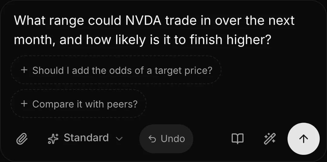 The chat composer: the rough question “will nvda go up next month”, rewritten by Improve with AI into “What range could NVDA trade in over the next month, and how likely is it to finish higher?”, with two details it suggests adding